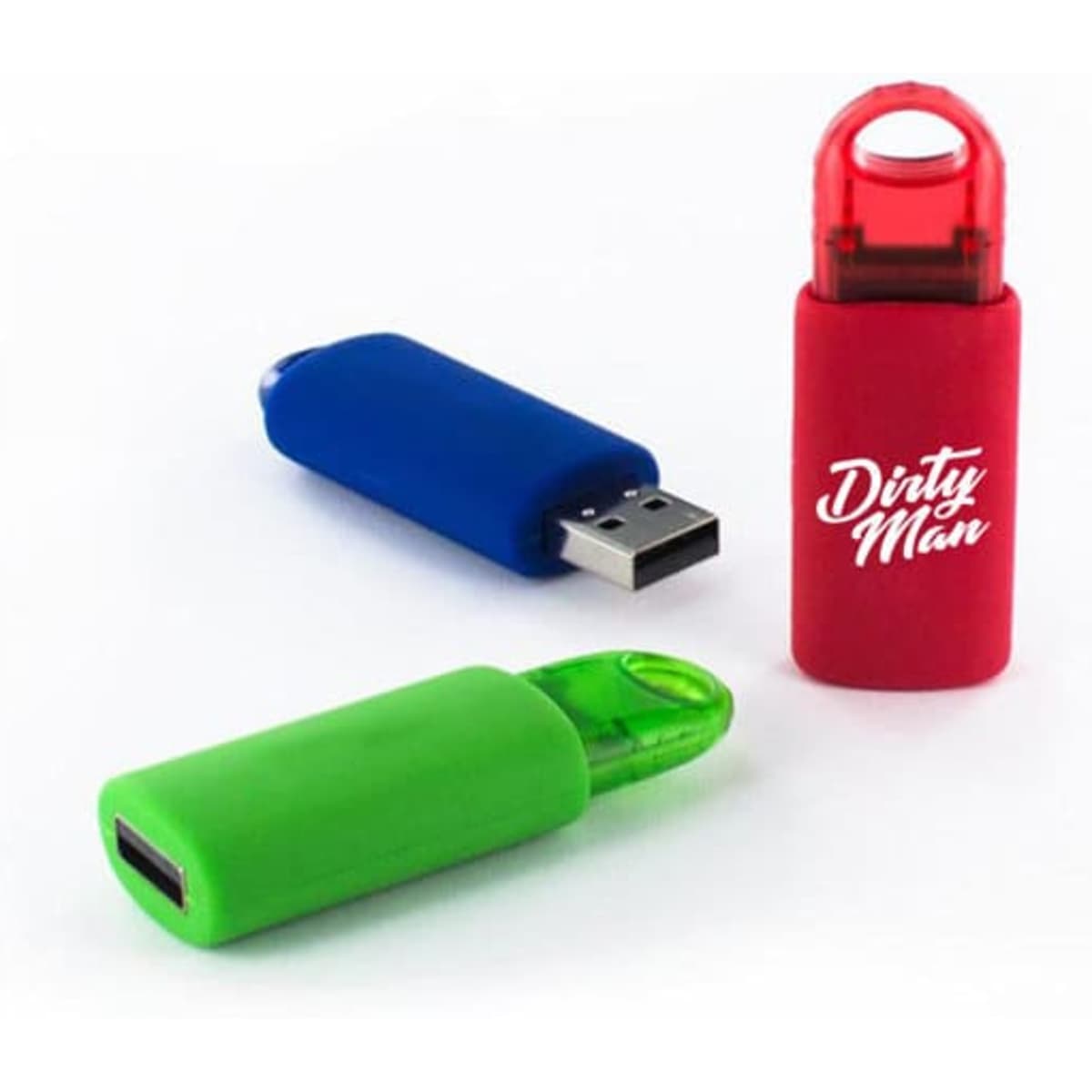 A set of three retractable USB sticks in red, blue, and green, featuring a logo on one.