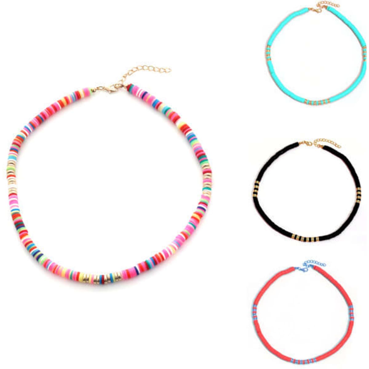 A colourful assortment of Soft Pottery Choker Necklaces in pink, turquoise, black, and red with gold accents.