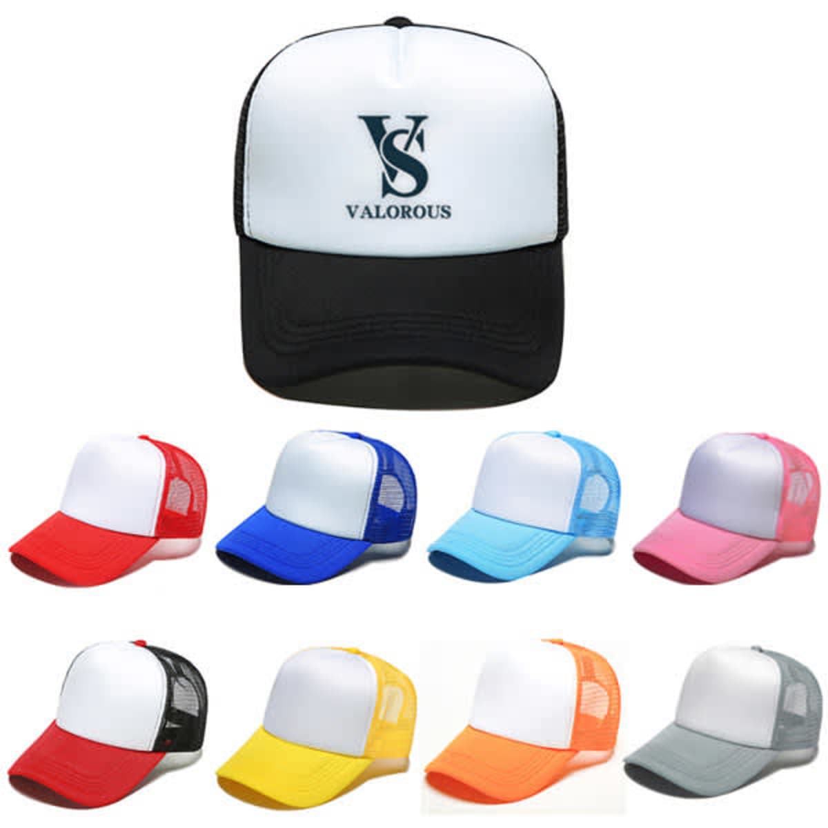 A variety of custom 5 panel foam trucker caps in white, black, red, blue, light blue, pink, yellow, and orange, featuring a logo.