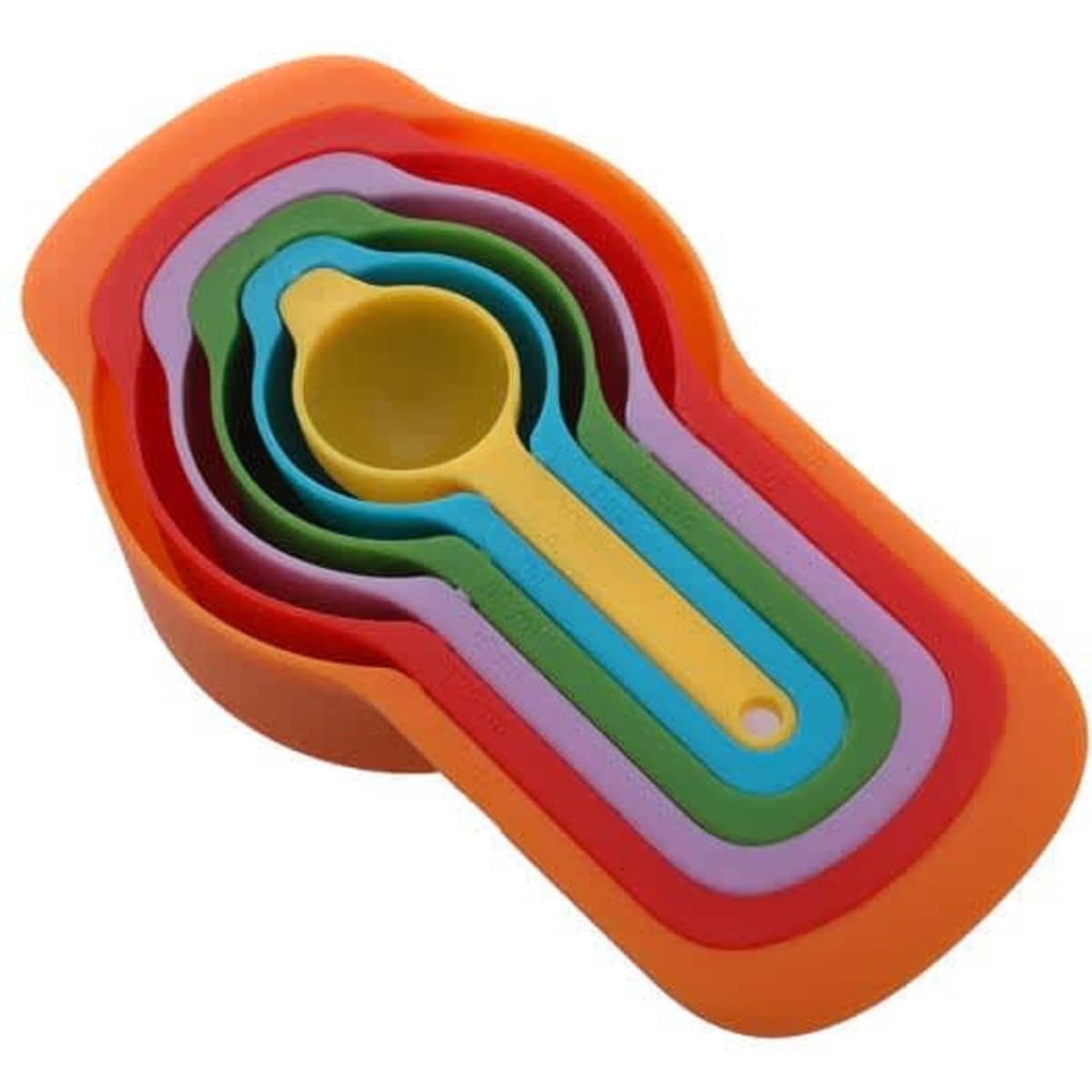 A set of six plastic measuring spoons in various colours, neatly stacked in an orange holder.