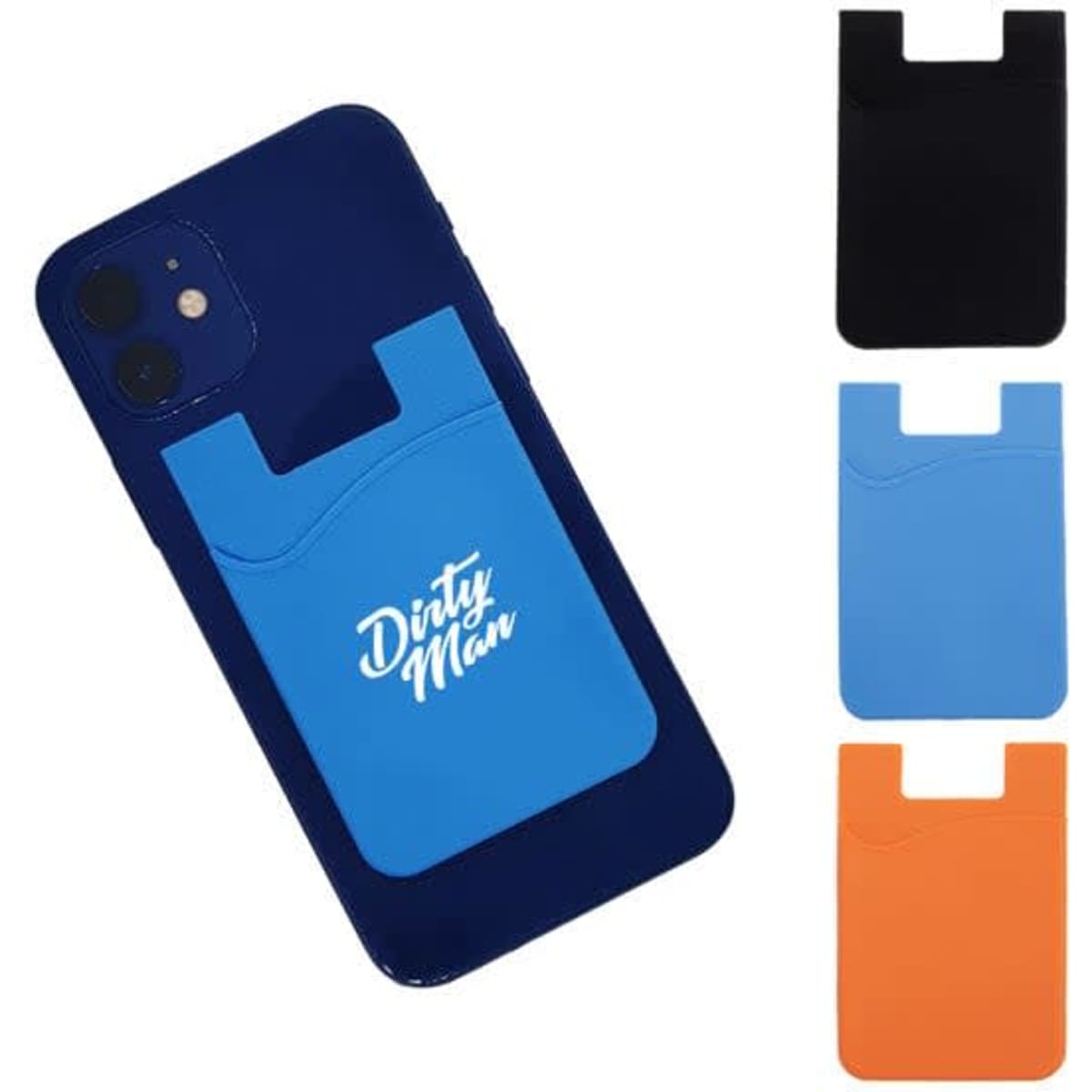 An adhesive phone wallet in blue, orange, black, and featuring a logo, attached to a mobile phone.