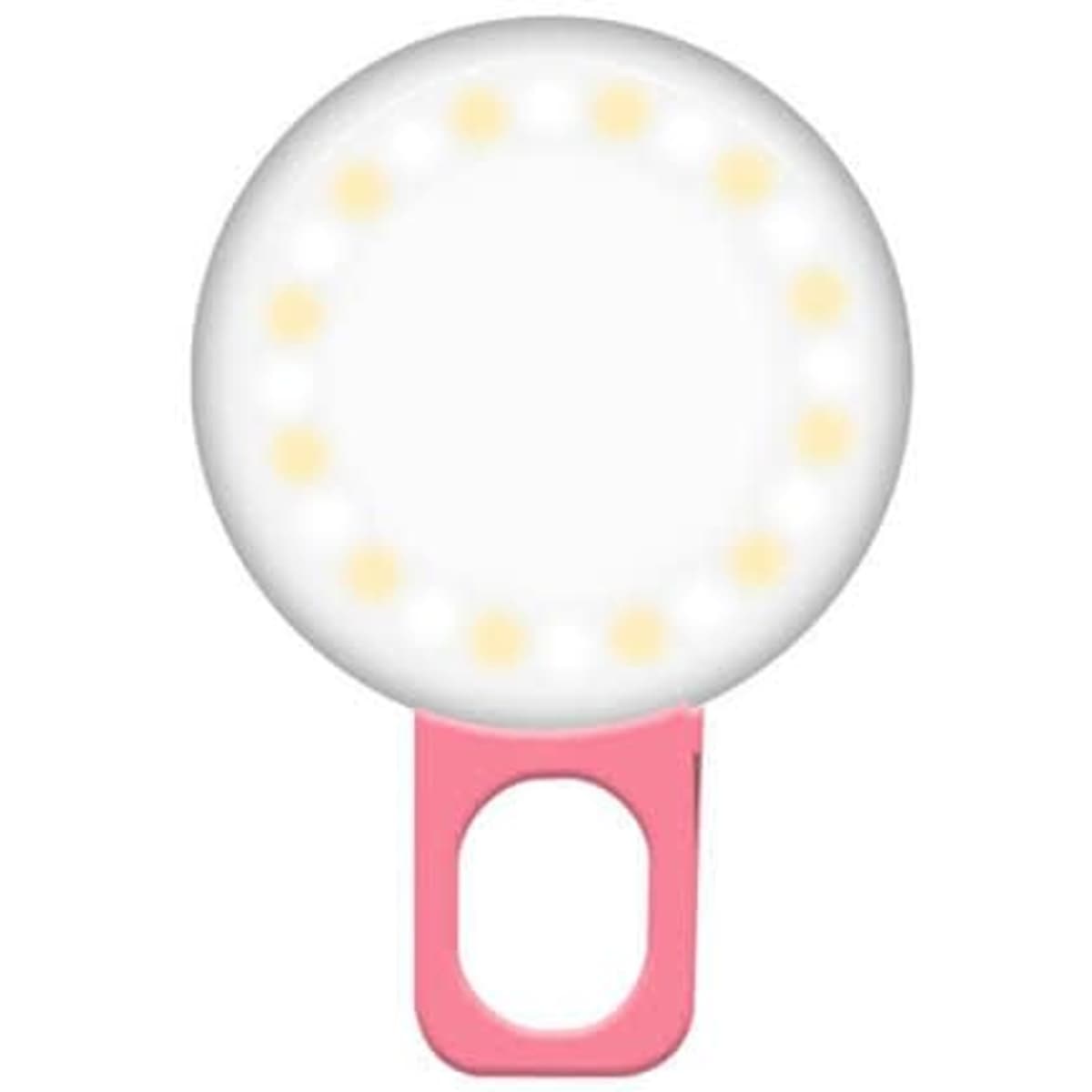 A mini selfie ring light in white and pink featuring multiple LED lights arranged in a circular design.