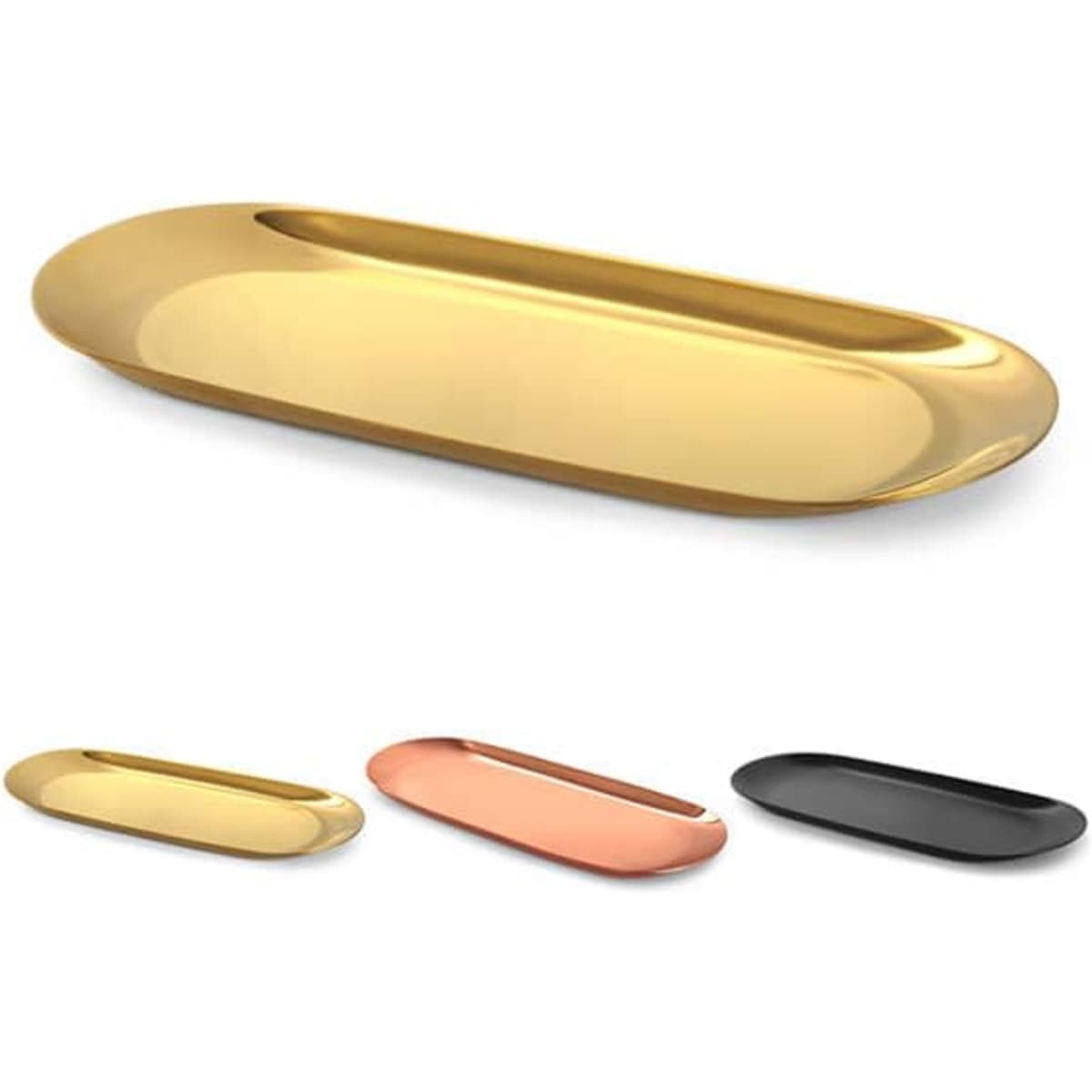 A tray in gold, rose gold, black, and copper finishes, designed for scented candles and miscellaneous items.