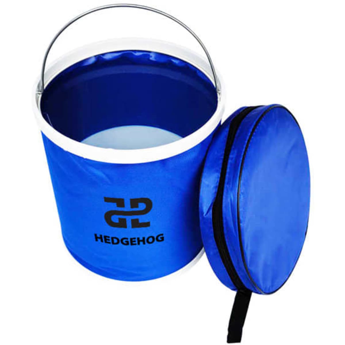 A portable outdoor collapsible bucket in blue, featuring a silver handle and a zipped storage pouch.