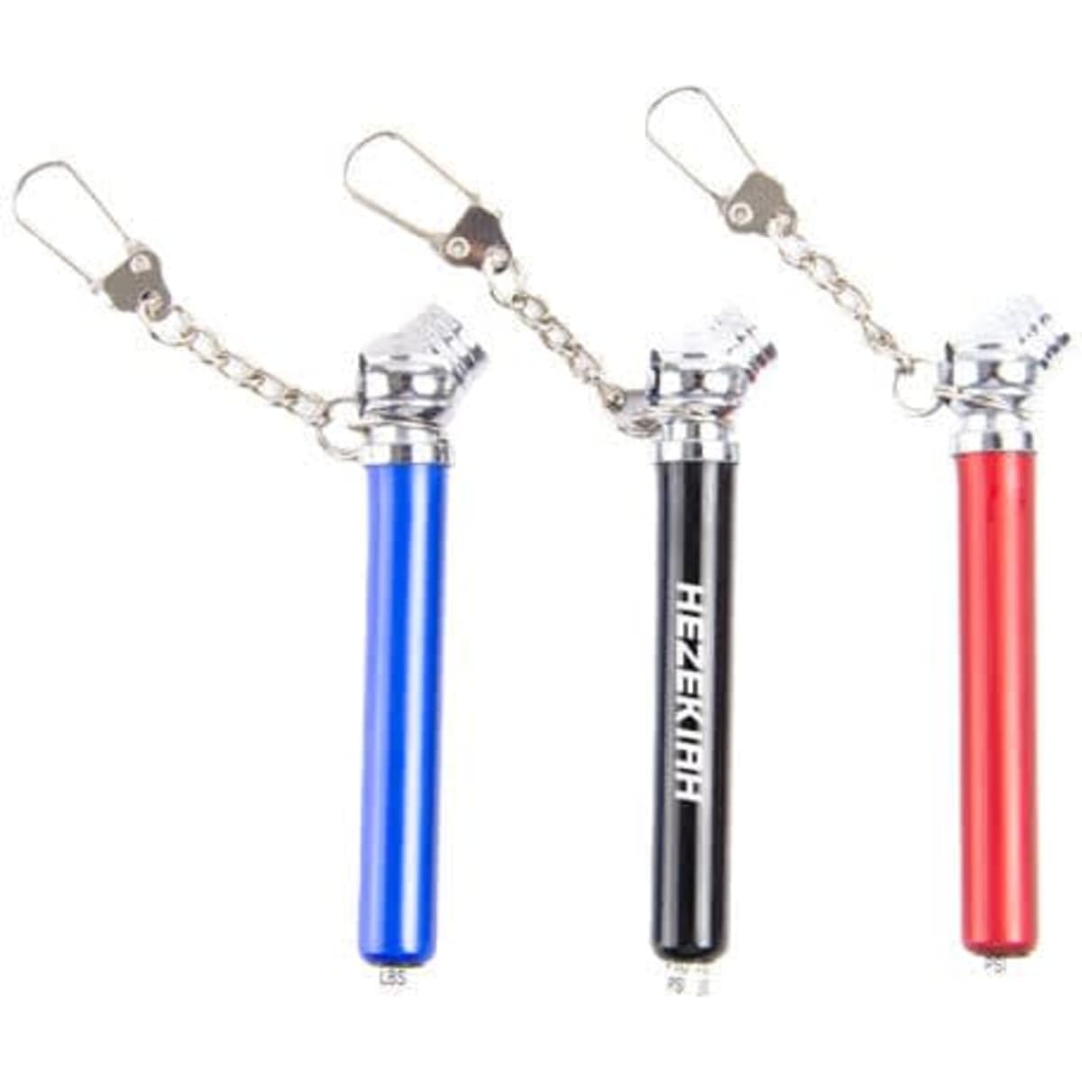 A tire pressure gauge with keychain in blue, black, and red colours, each featuring a metal clip.