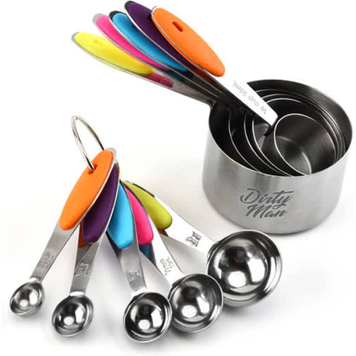 A set of 10 stainless steel measuring spoons in various colours, featuring a ring for easy storage.