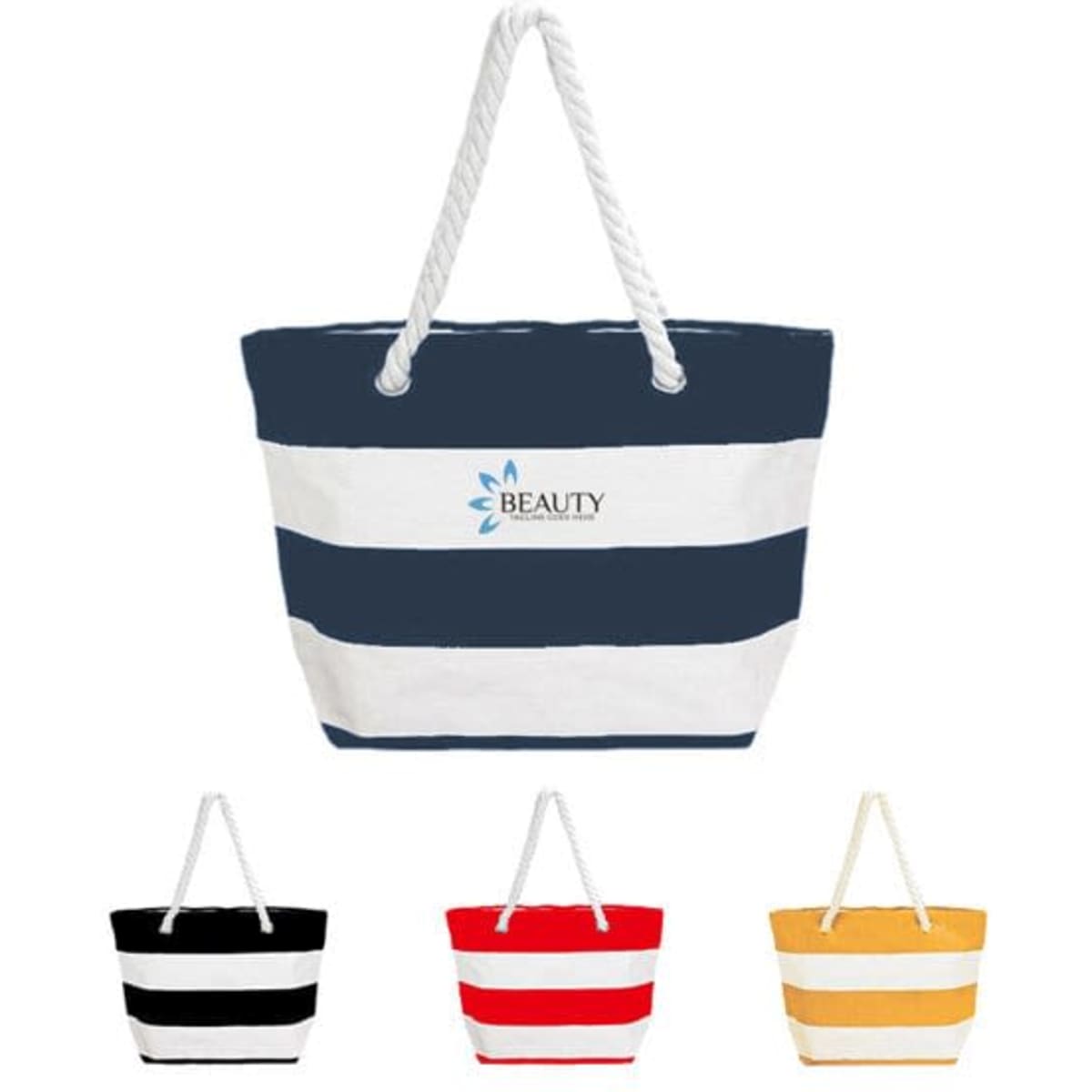 A striped canvas tote bag in navy and white with a rope handle, alongside options in black, red, and yellow.