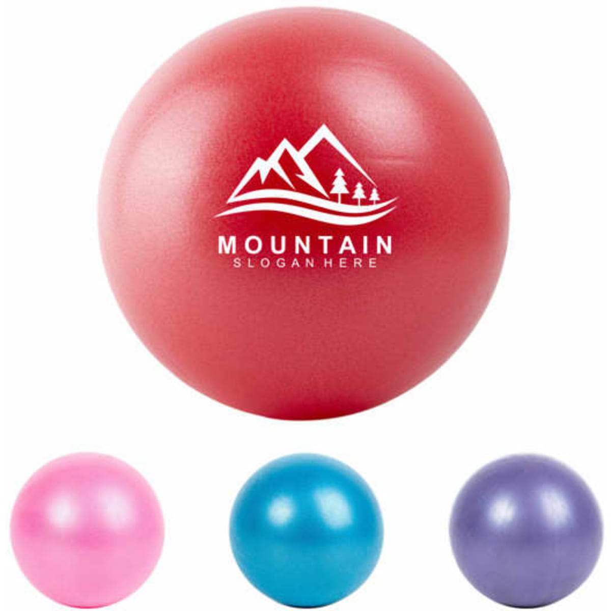 A pink, blue, and purple mini PVC thickened yoga ball with a logo.