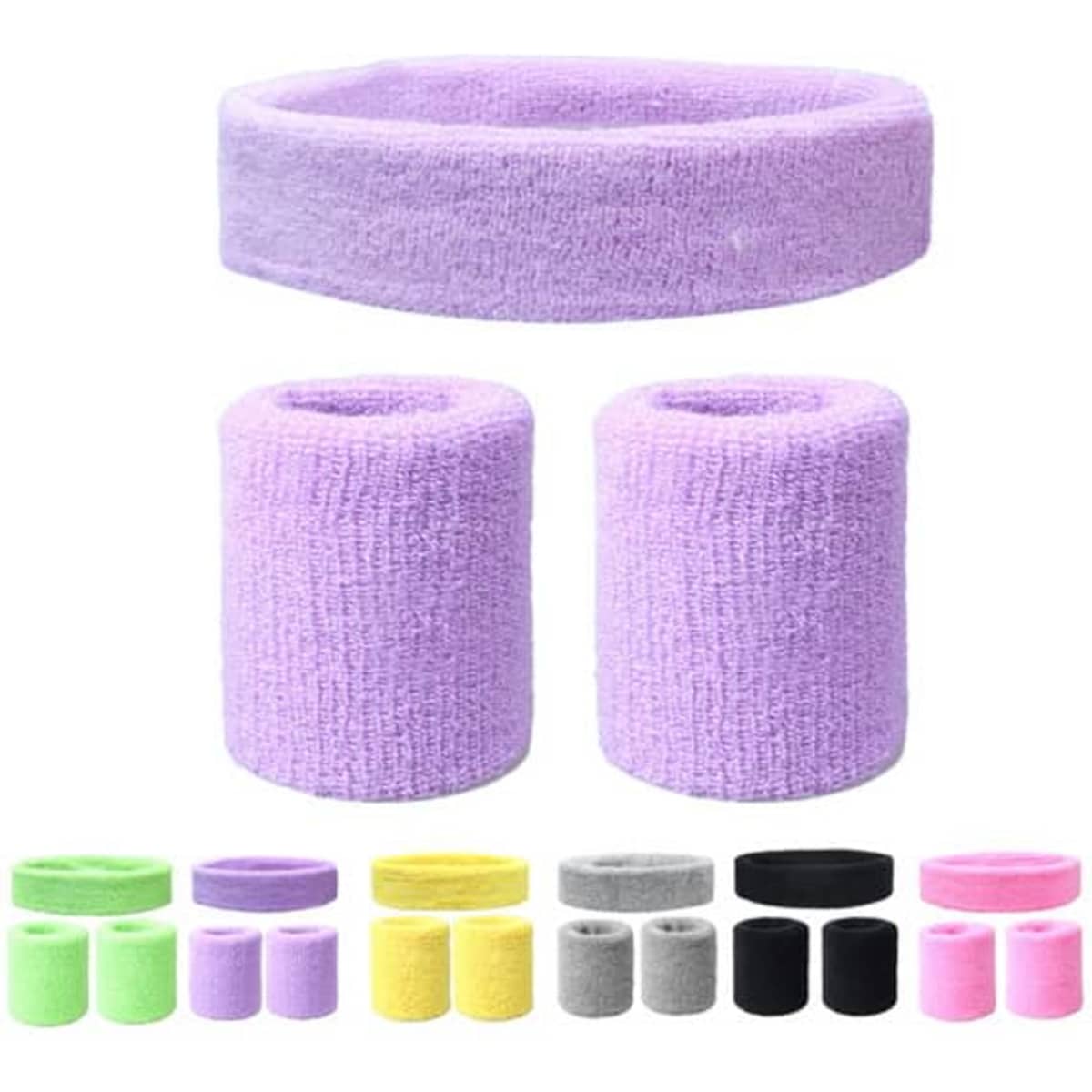 A purple three-piece sport sweatband set, including one headband and two wristbands, displayed with various colour options below.