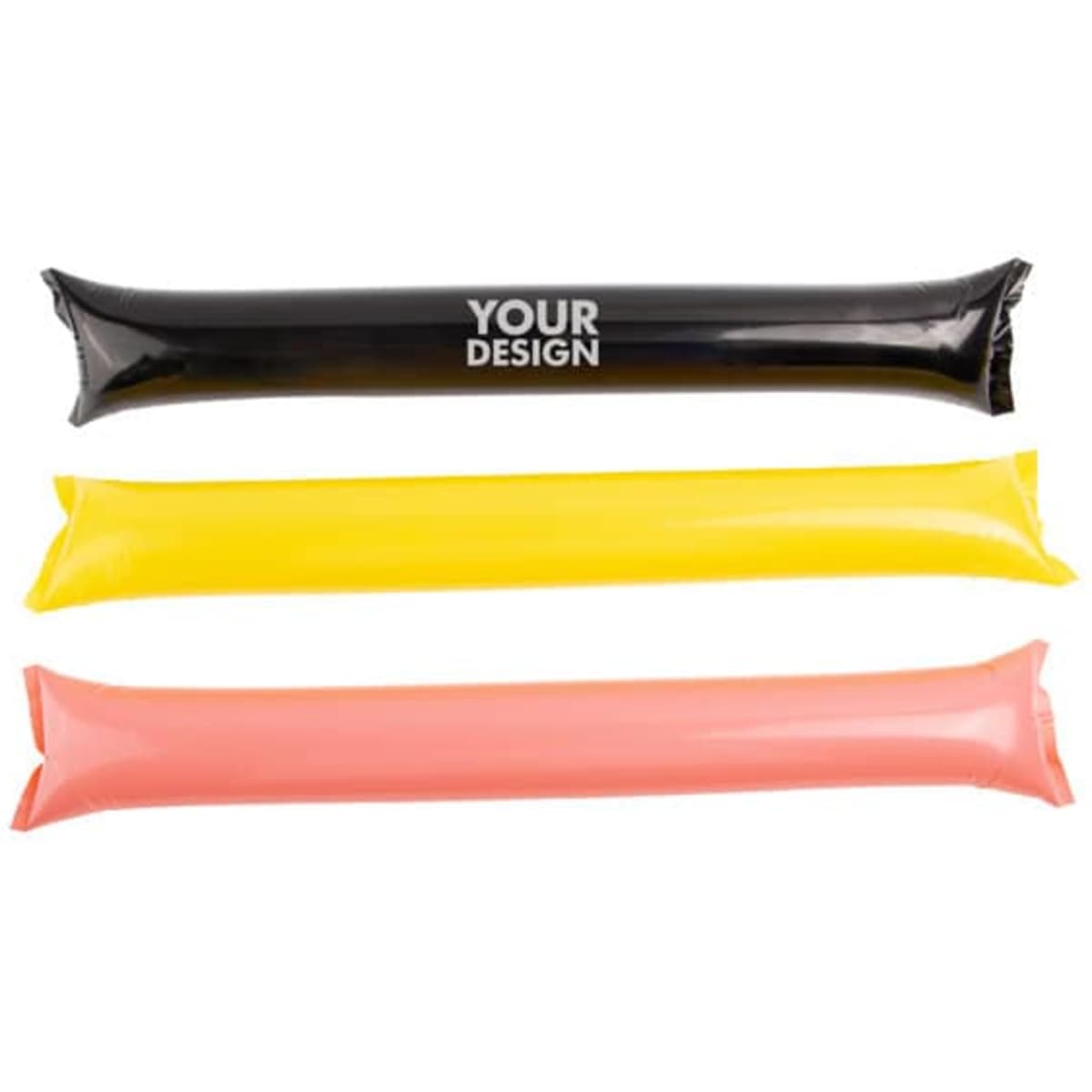 Three inflatable cheering thunder sticks in black, yellow, and pink, featuring a customisable design area.