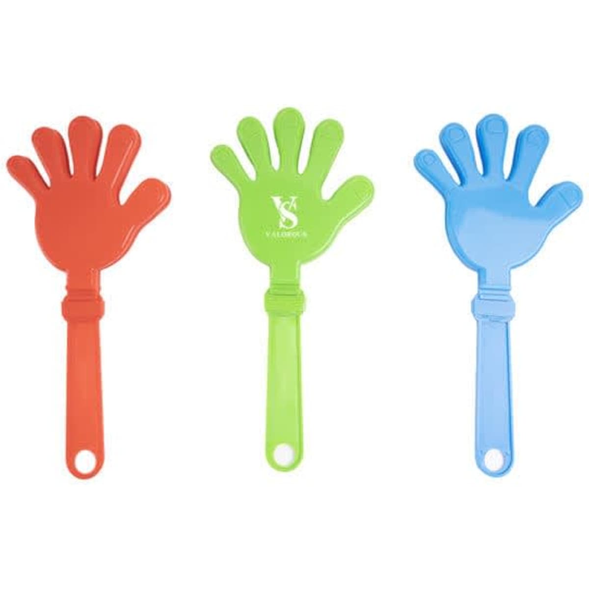 Three plastic hand clappers in red, green, and blue, featuring a hand design. Each has a handle for easy use.
