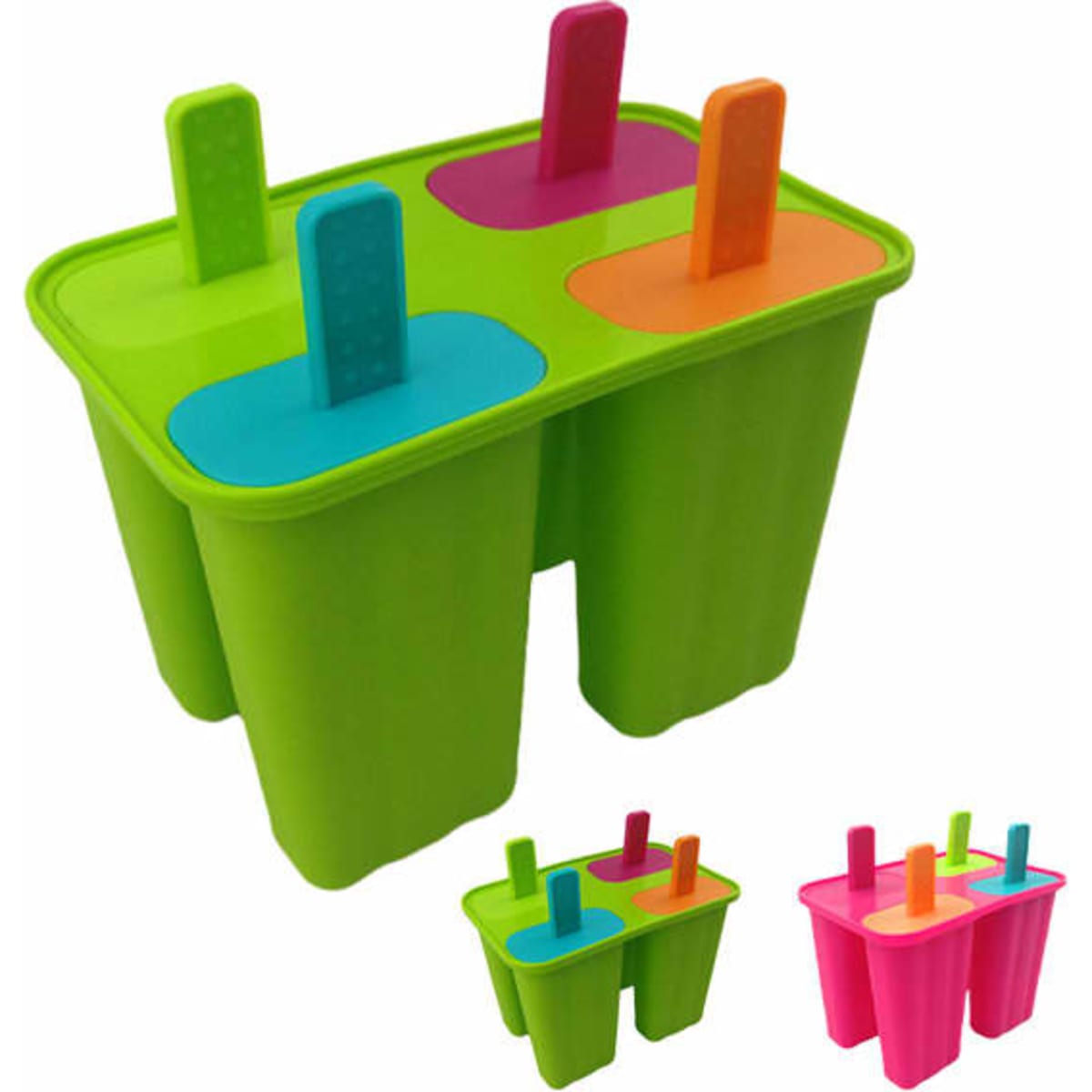 A green silicone ice cream mold featuring four compartments with bright pink, orange, and blue handles.