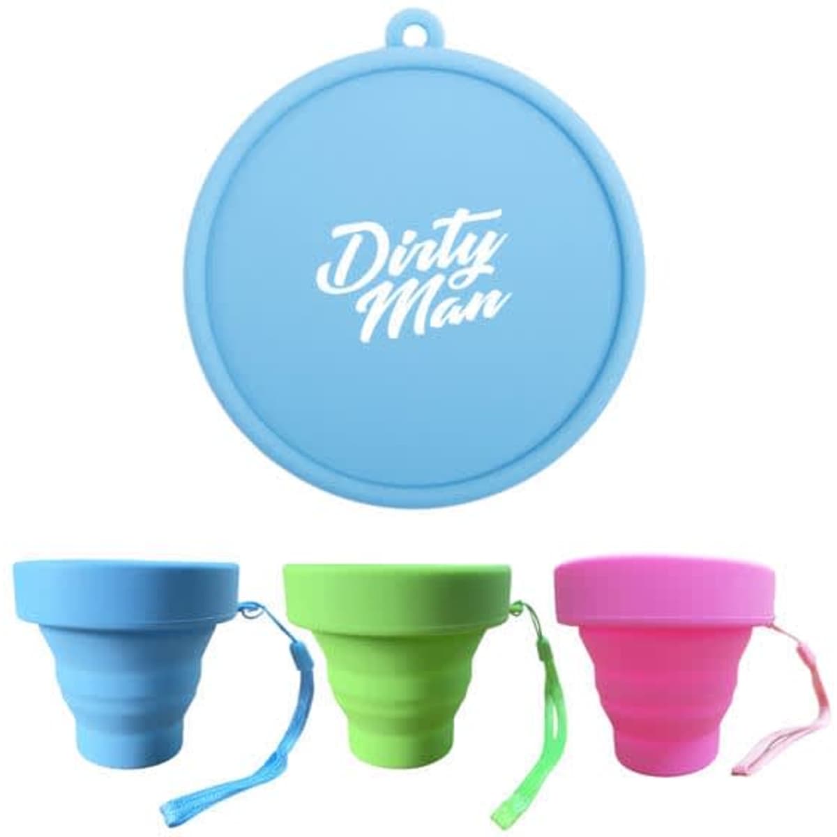 A drink bottle set featuring collapsible silicone cups in blue, green, and pink, with a lid and a branding logo.