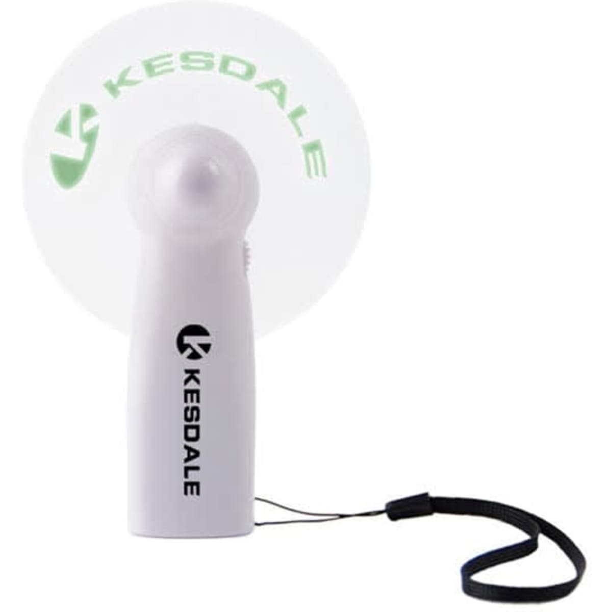 A white LED lighted message fan with a black wrist strap and a branding logo on the body.