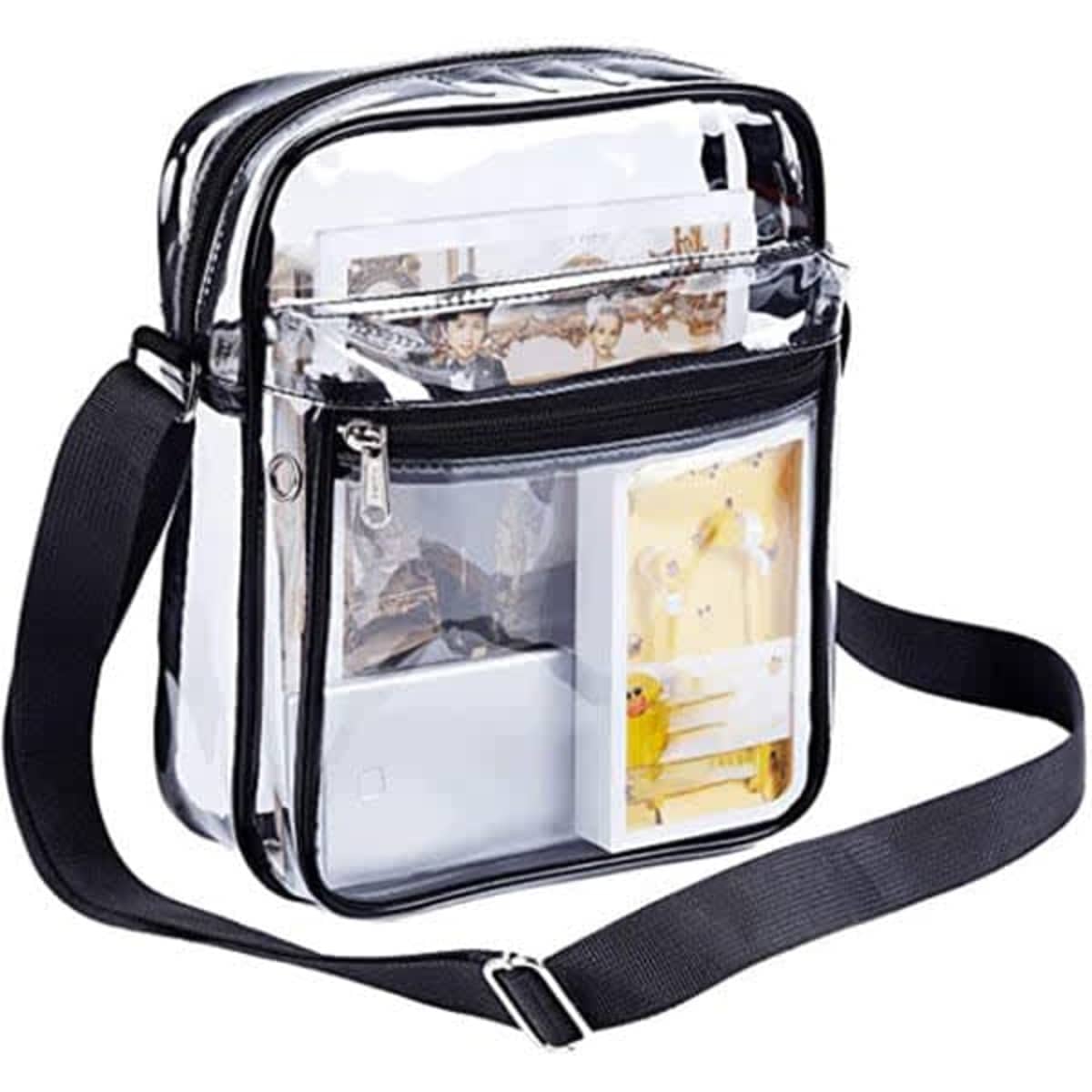 A clear messenger bag with a black trim, featuring multiple compartments and a shoulder strap.