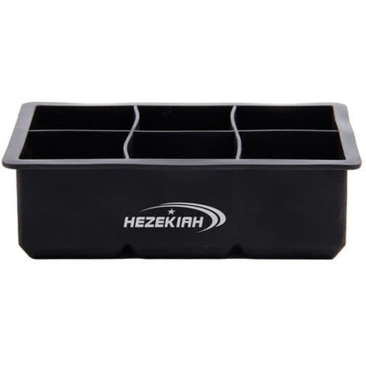 A black ice cube tray with six grids and a lid, featuring a logo. Ideal for making ice cubes at home.