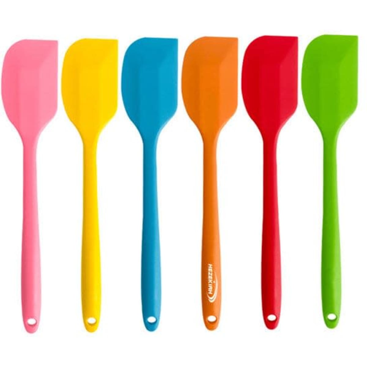 A set of six food silicone spatulas in pink, blue, yellow, orange, red, and green, with branded handles.