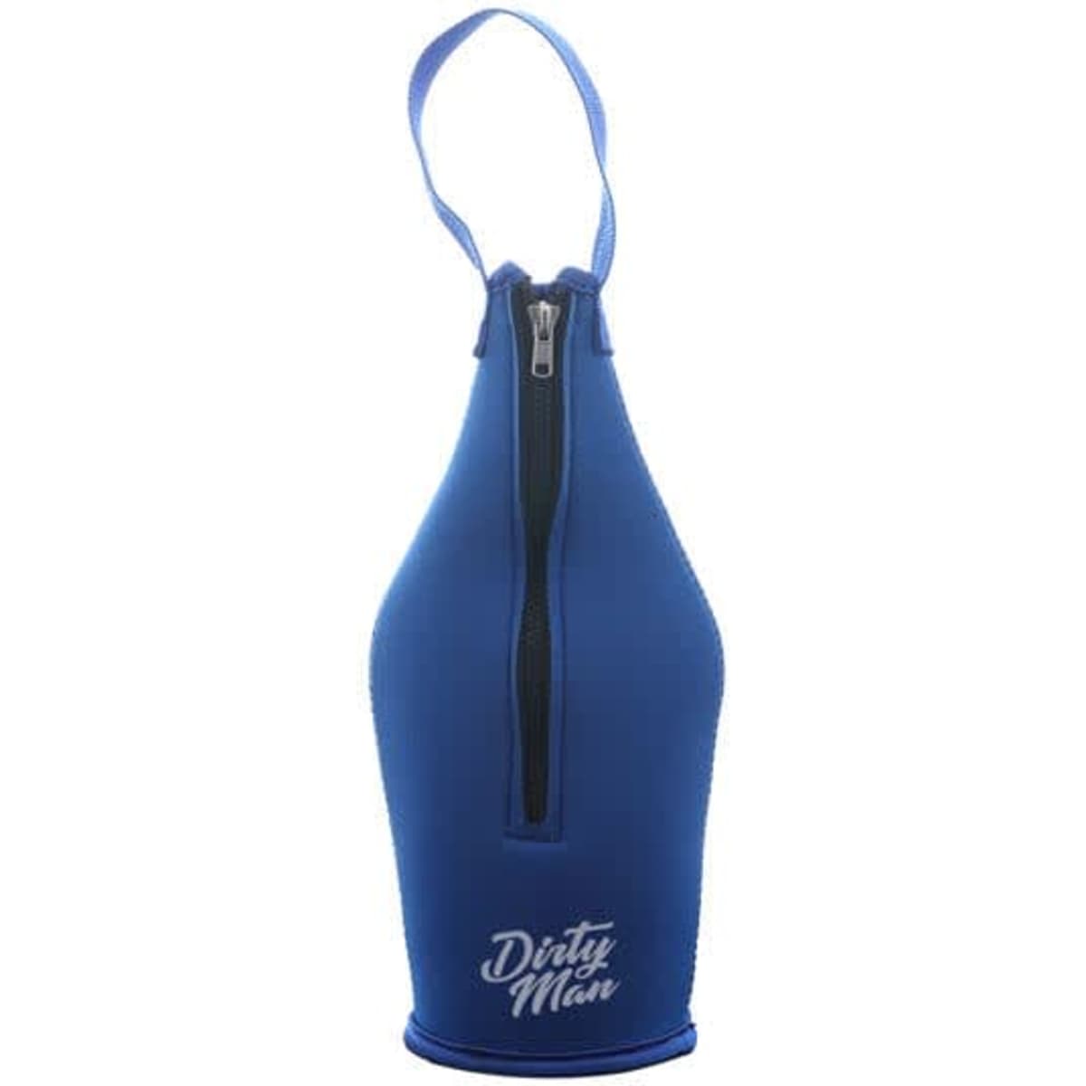 A drink bottle holder in bright blue neoprene with a zipper and a logo. Ideal for keeping beverages cool.