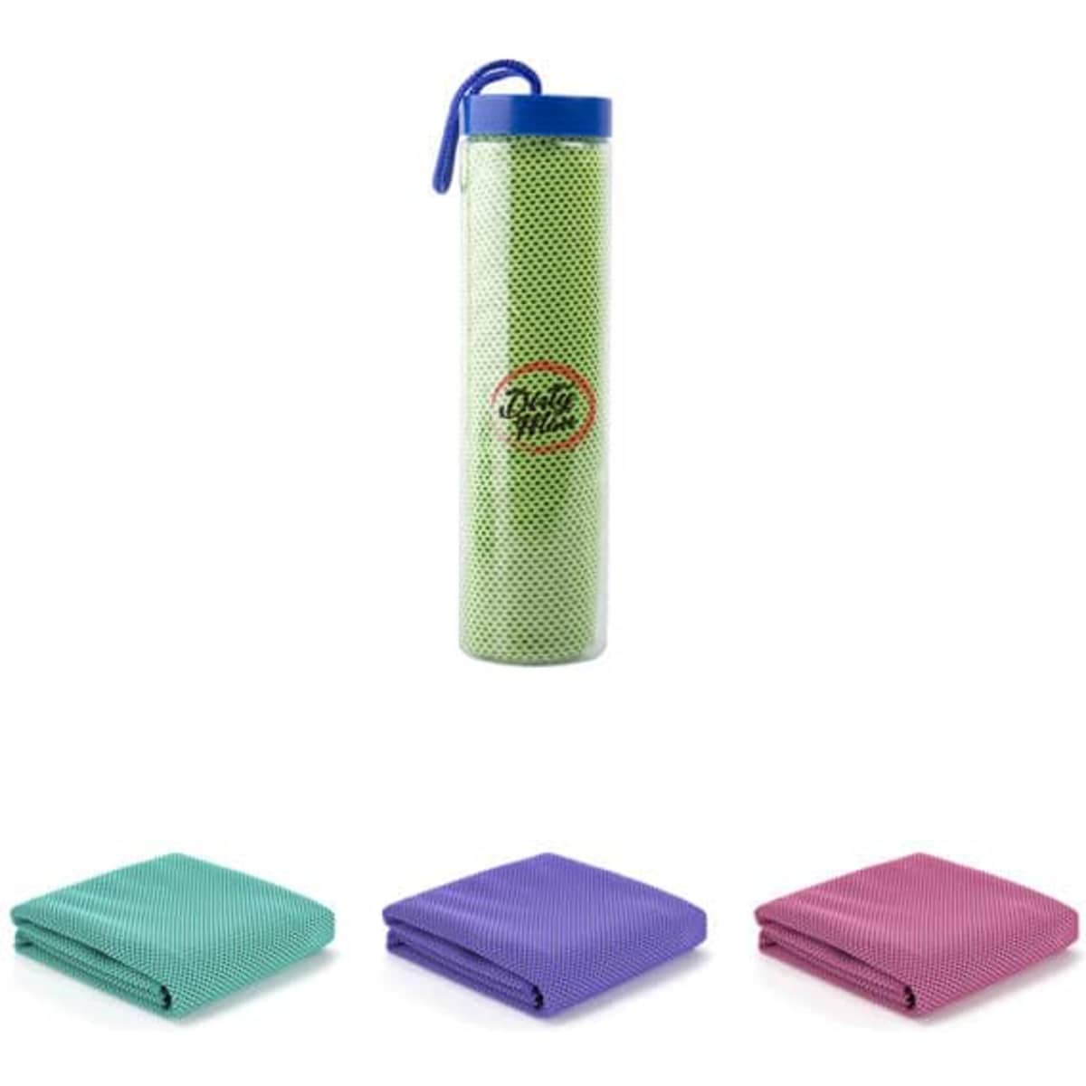 A drink bottle with a blue lid contains a green cooling towel, alongside folded purple and pink towels. The image includes branding.