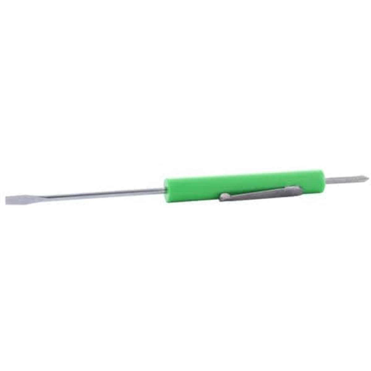 A green pocket double-ended screwdriver with a clip, featuring a flat end and a pointed end.