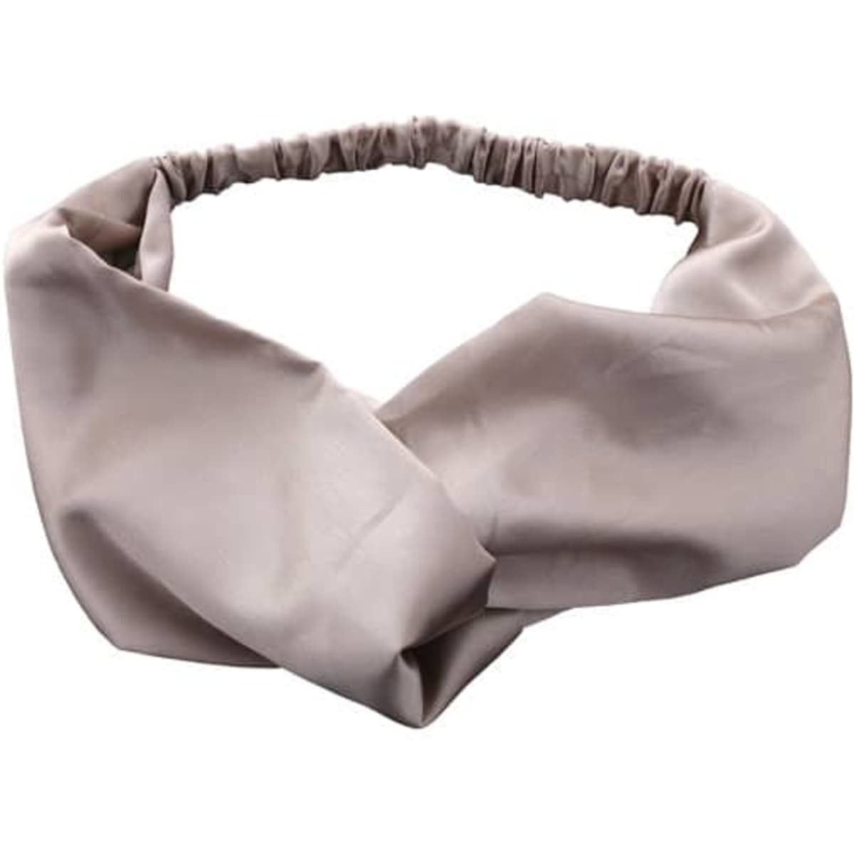 A crisscross headband in a soft beige hue, featuring a stretchy band for a comfortable fit.