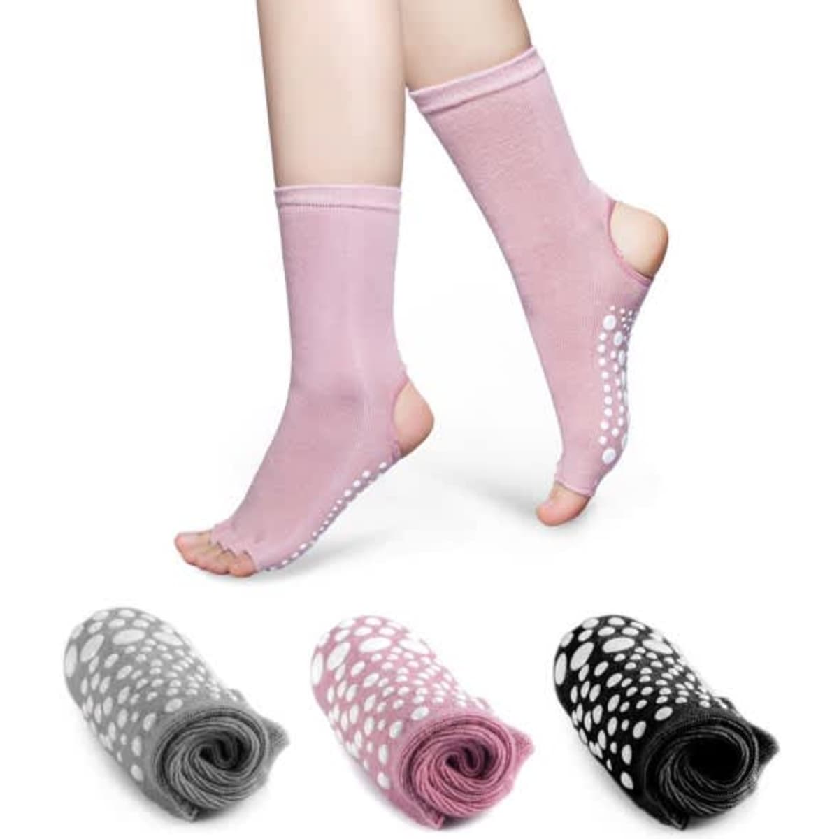 Cotton toeless yoga socks in pink, grey, and black, featuring non-slip grips and an open-toe design.