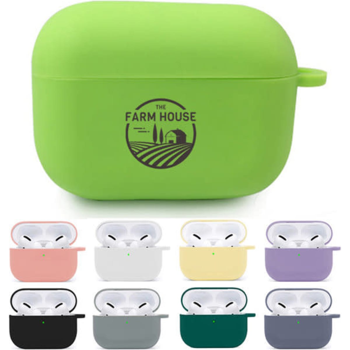 A green silicone earphone case with a logo, alongside various coloured earphone cases: pink, white, yellow, purple, and dark green.