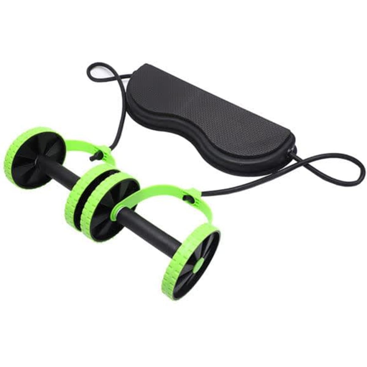 An AB roller with resistance bands in black and bright green, alongside a storage bag with a logo.