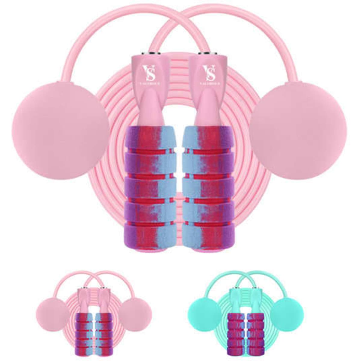 A pink Fitness Cordless Jump Rope with colourful weighted handles and two round ends, featuring a logo.