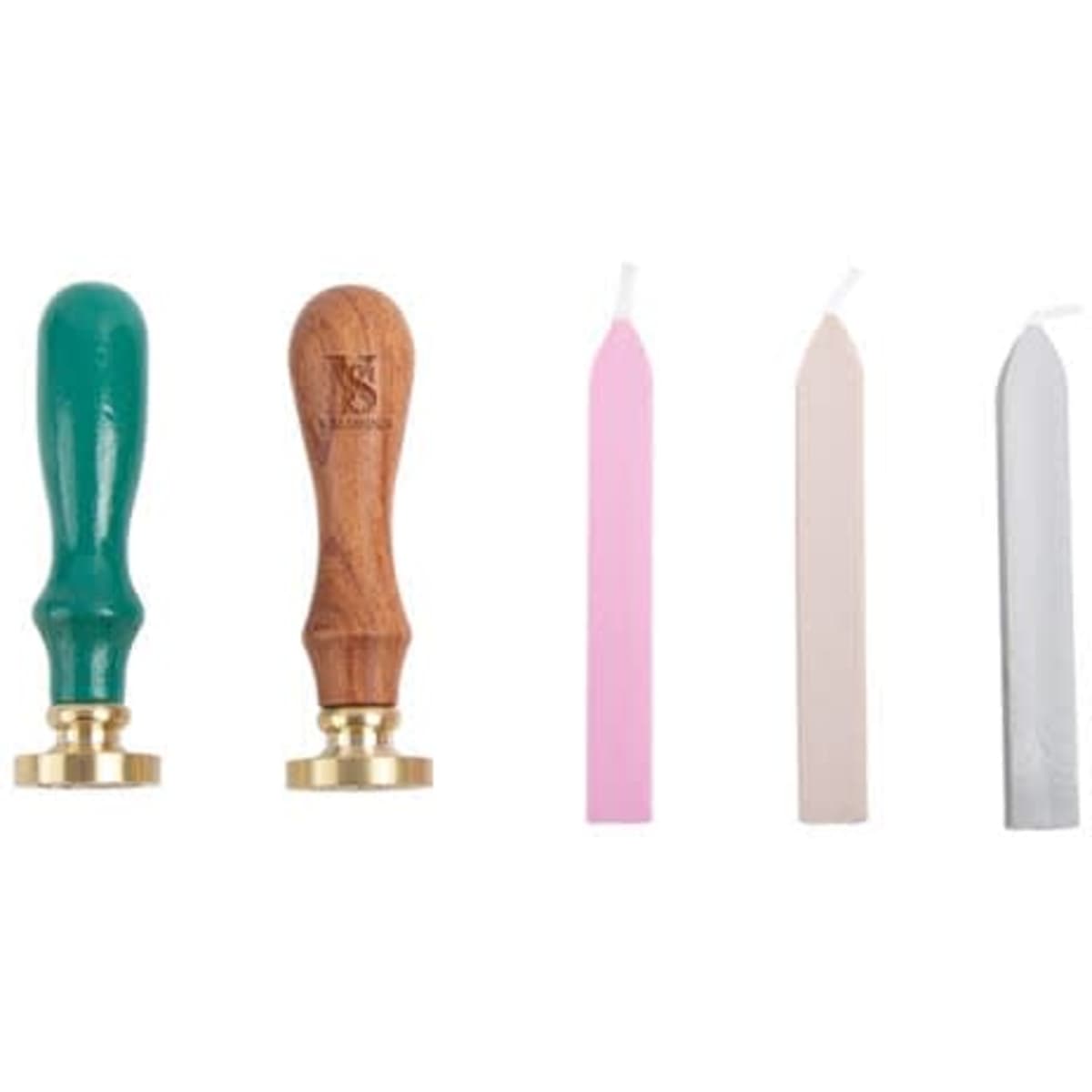 A green and wooden wax seal stamp with three wax sticks in pink, cream, and grey. Brand logo visible on the stamp handle.