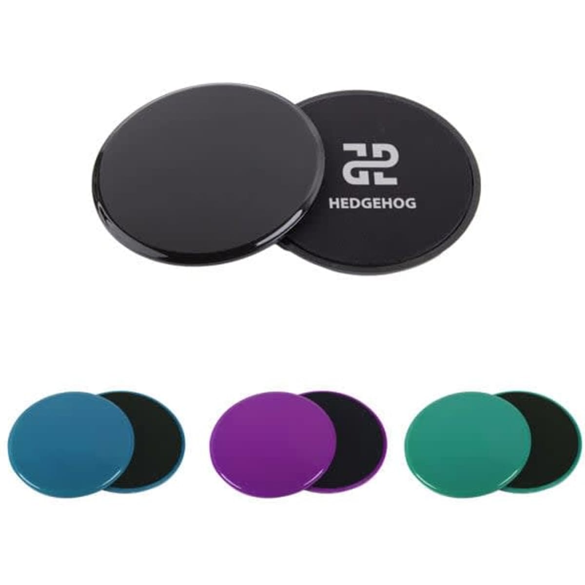 Two circular exercise gliding discs in black, purple, teal, and green, featuring a logo on one side.
