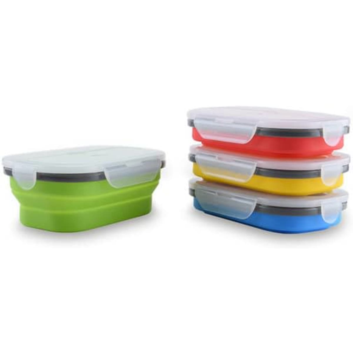 A set of silicone folding lunch boxes in green, red, yellow, and blue, each with a transparent lid and a logo.