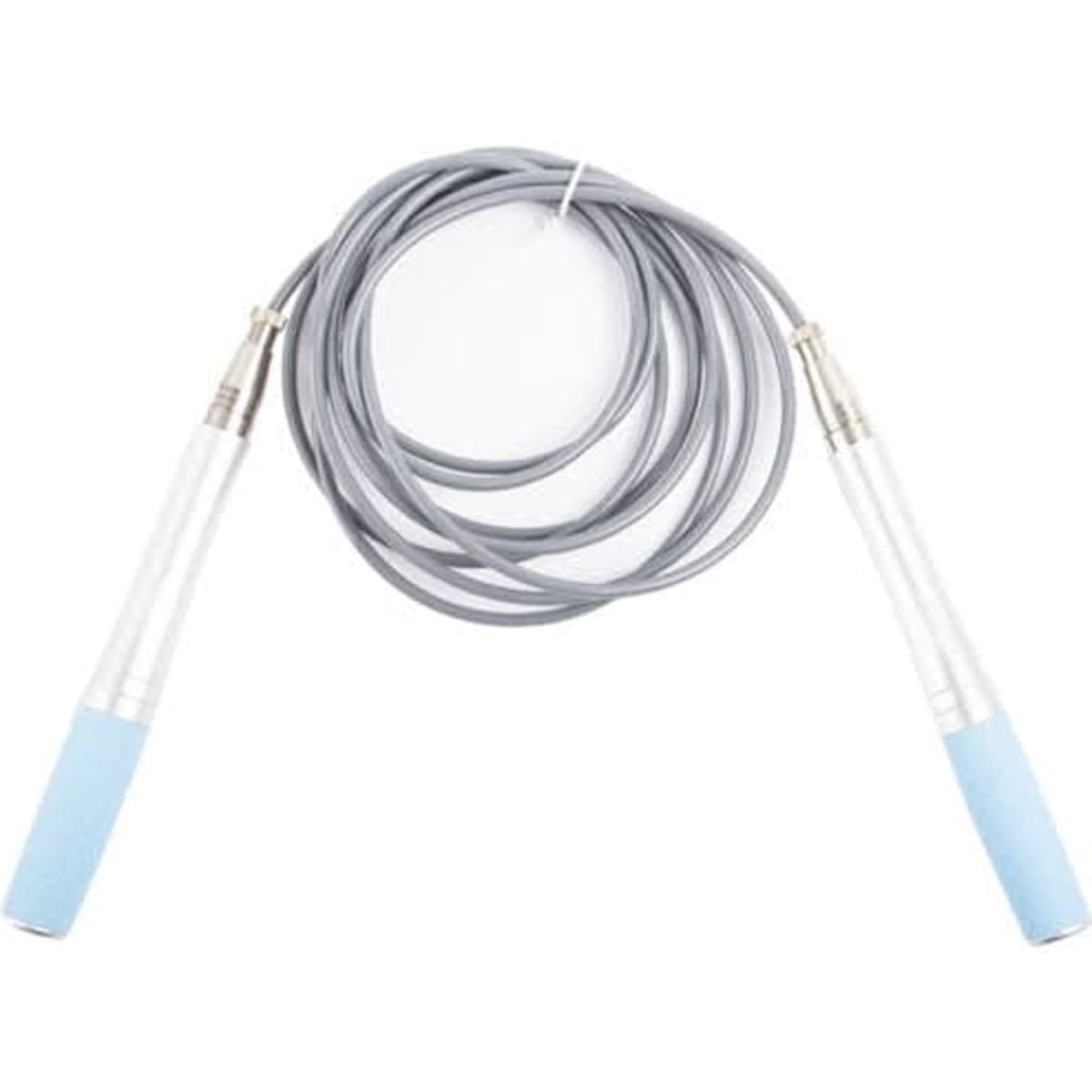A jump rope with a grey PVC cord and light blue silicone handles, featuring silver metal connectors.