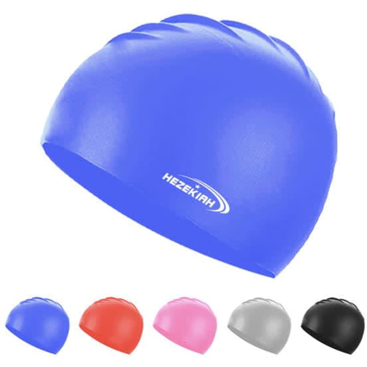 A silicone swimming cap in blue with a logo, alongside caps in red, pink, grey, and black.