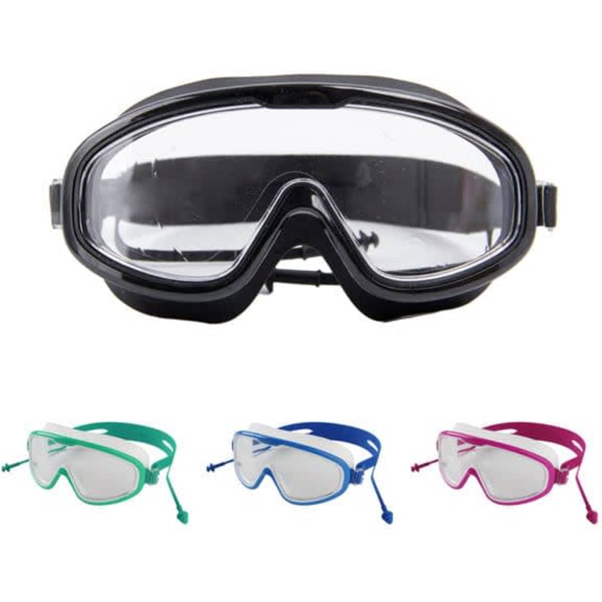 Large swimming goggles in black, with additional pairs in green, blue, and pink, featuring earplugs for comfort.