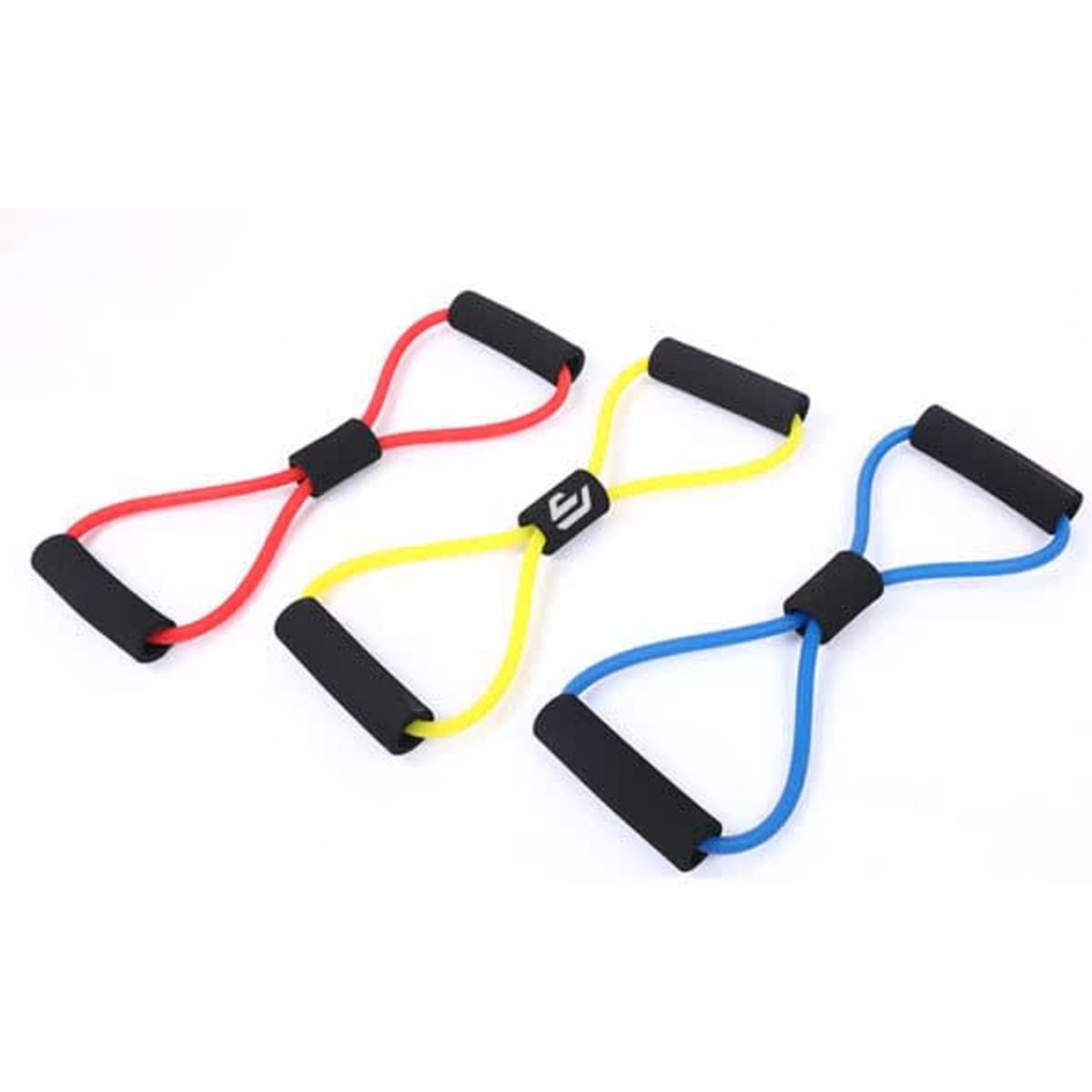 An 8-shaped elastic chest expander in red, yellow, and blue with black foam grips. It features a logo in the centre.