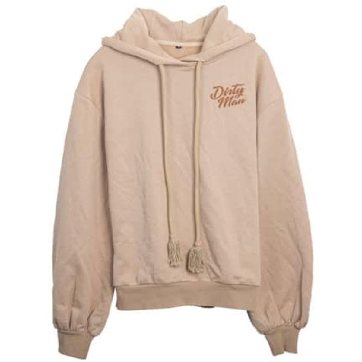 A beige cotton pullover hoodie sweatshirt with a drawstring hood and a logo.