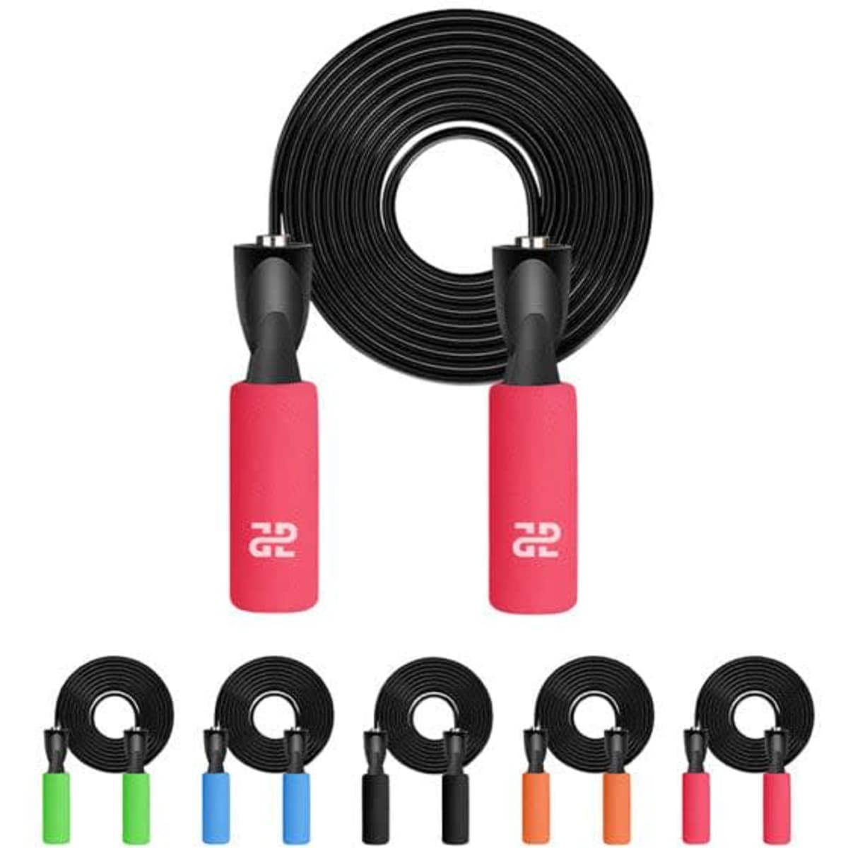 A jump rope with foam handles in pink and black, with additional colour options in blue, green, orange, and red.