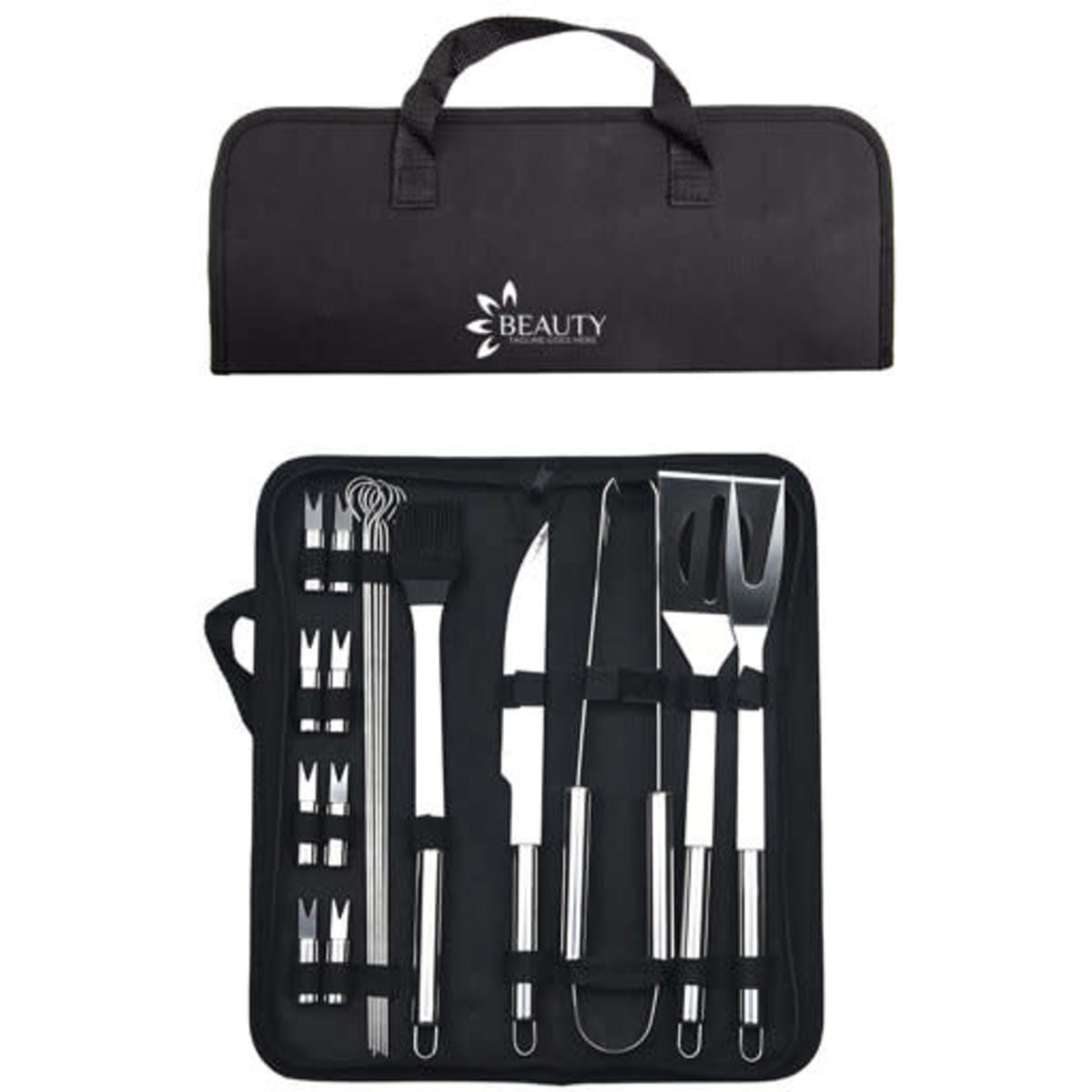 A stainless steel barbecue tool set in a black carrying case, featuring various grilling utensils and a logo.