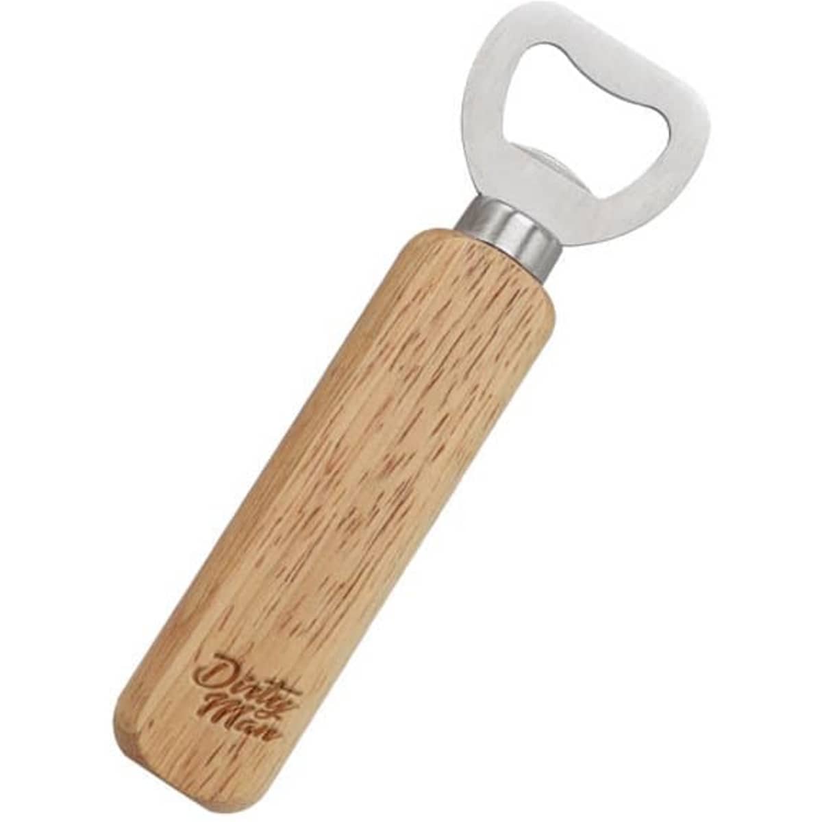 A drink bottle opener with a stainless steel head and a light wooden handle, featuring a logo.
