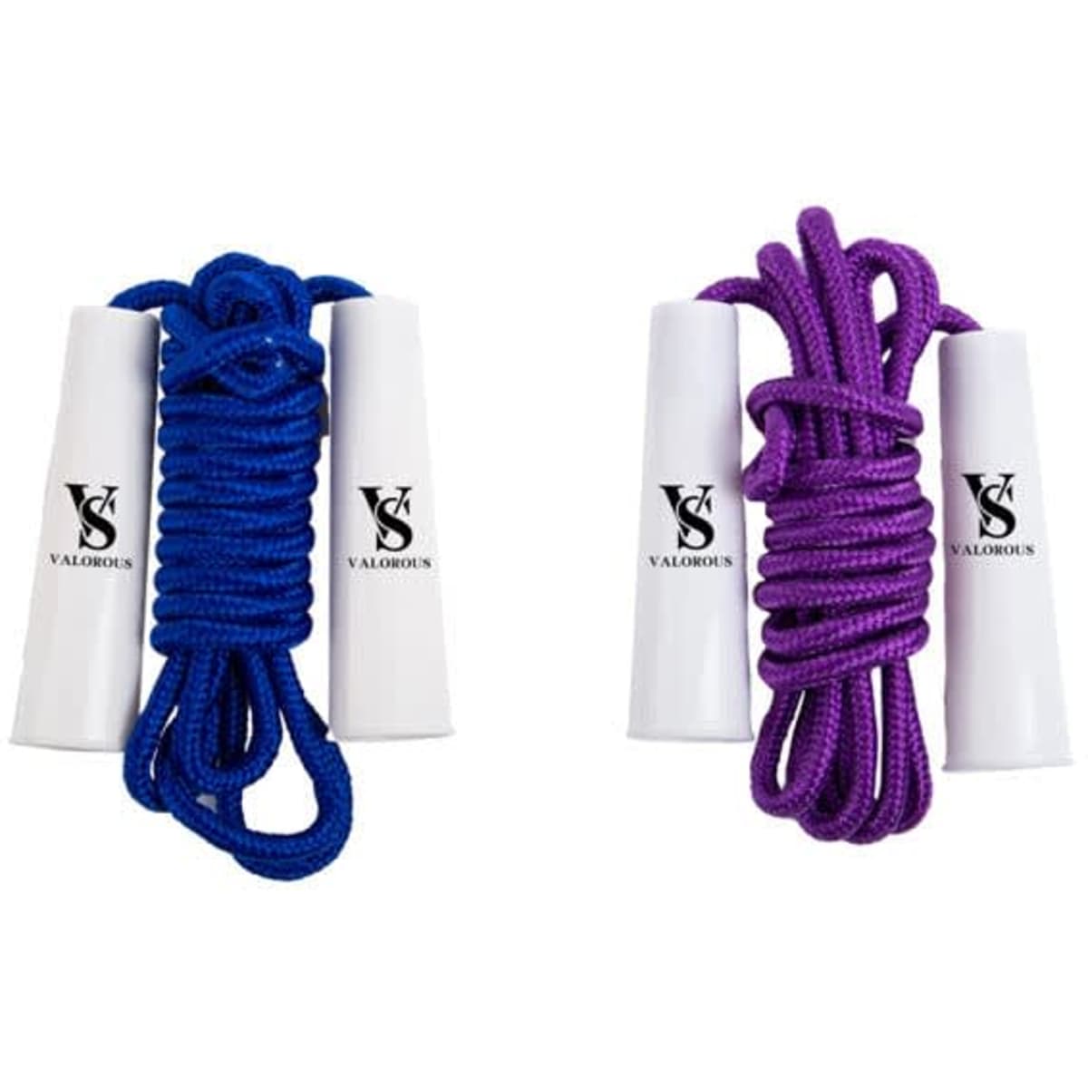 A jump rope with plastic handles in blue and purple, featuring a logo on the handles.