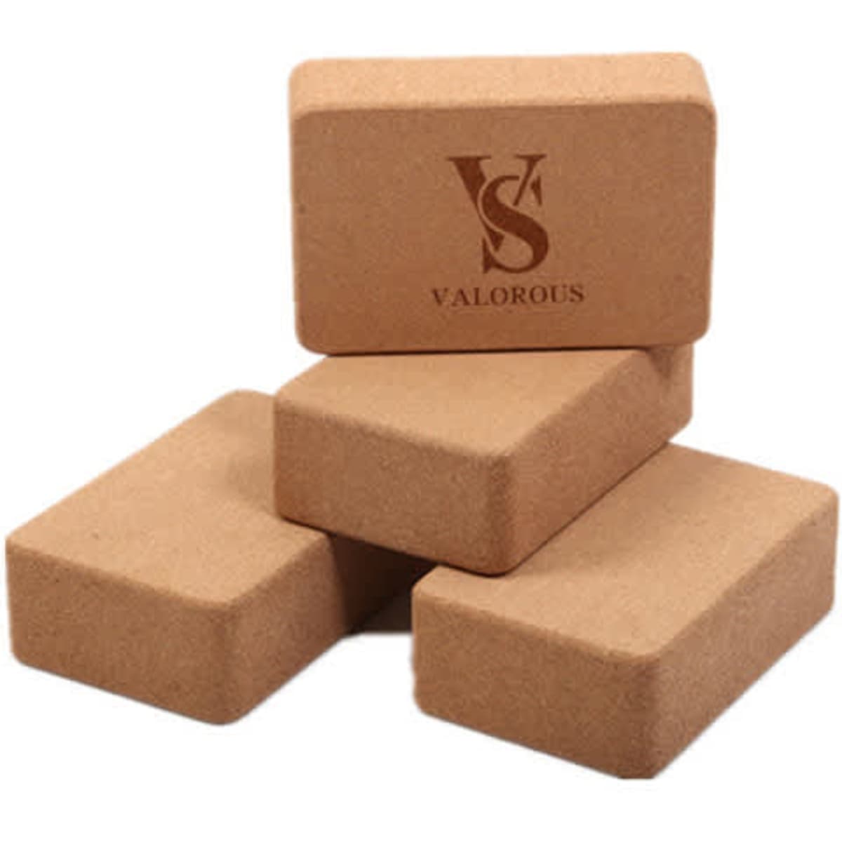 Four rectangular cork yoga blocks in light brown, featuring a logo on one block.