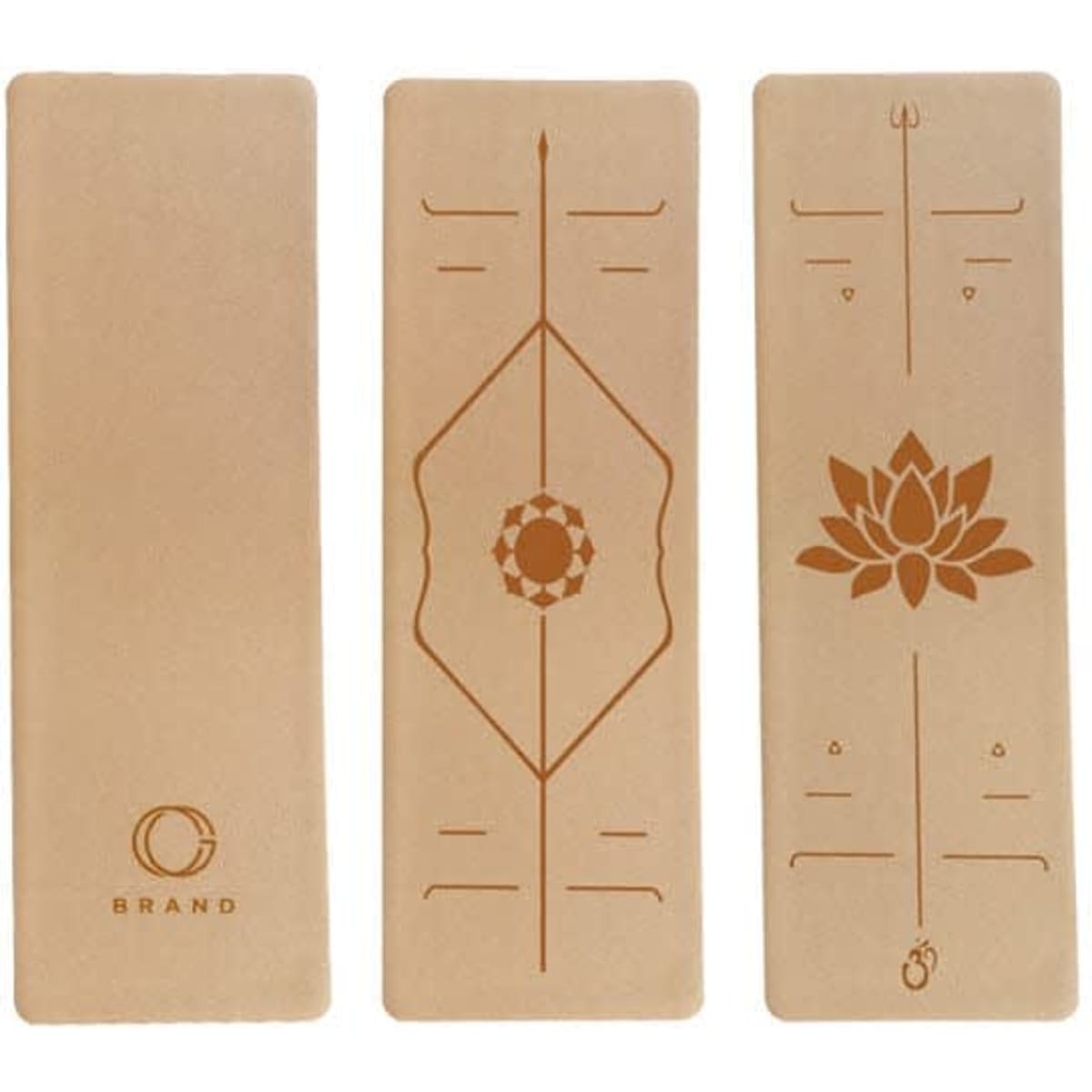 Three cork yoga mats in natural tones, featuring various embossed designs and a visible logo on one.