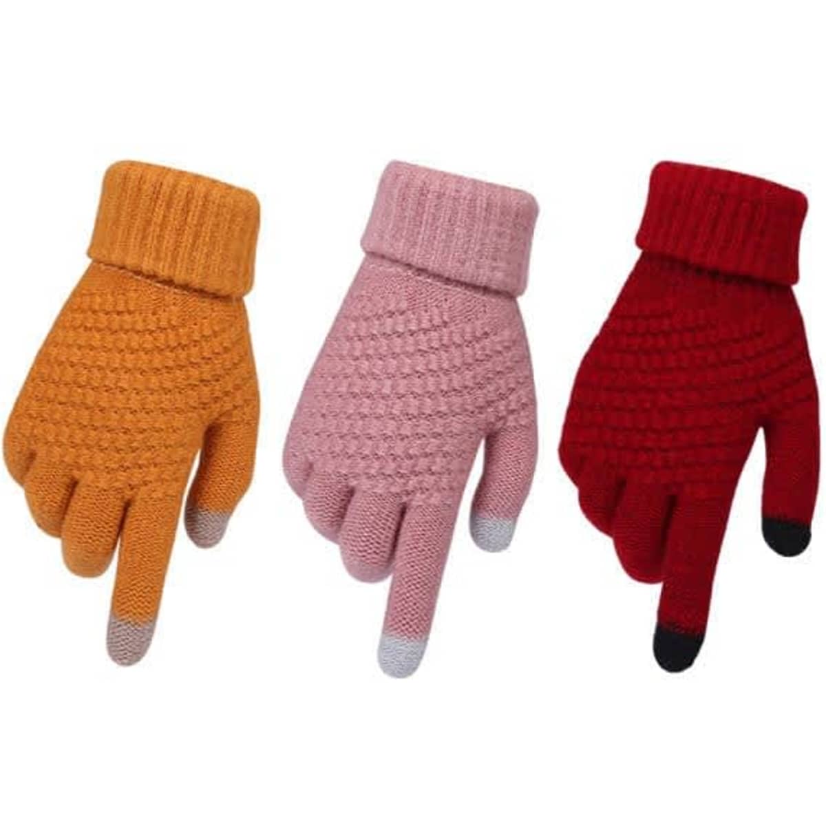 Three pairs of knitted touch screen gloves in orange, pink, and red, featuring textured patterns and contrasting fingertips.