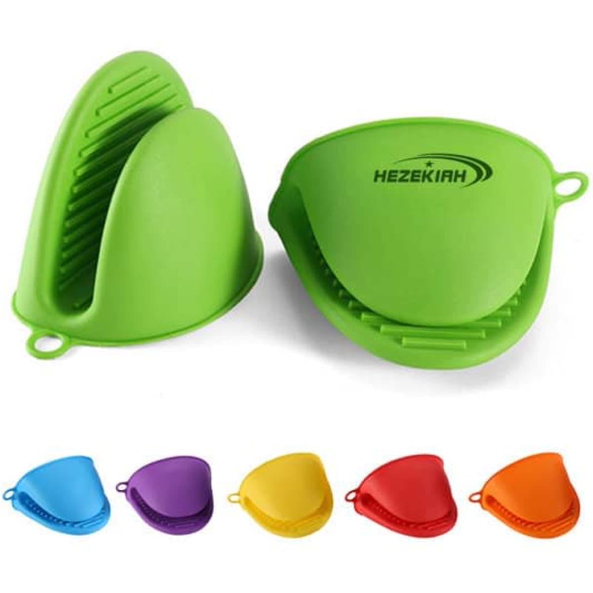 A pair of silicone oven pinch grips in green, featuring ridges for improved handling, with multiple colours shown below.
