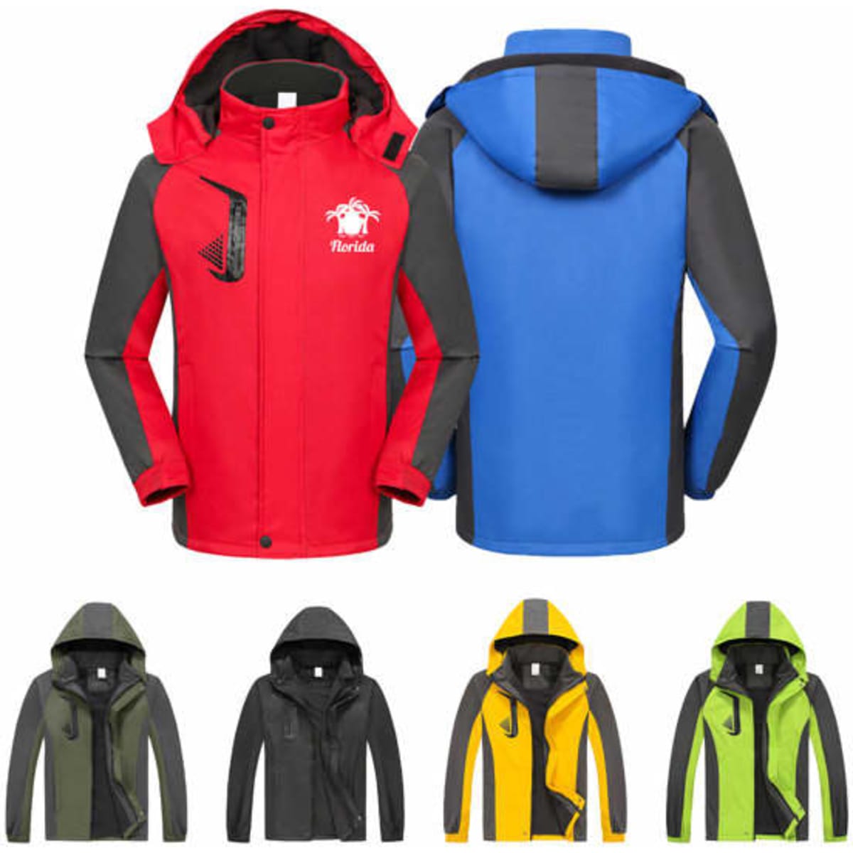 A patchwork thick puffer jacket displayed in red and blue, with additional options in black, green, and yellow.