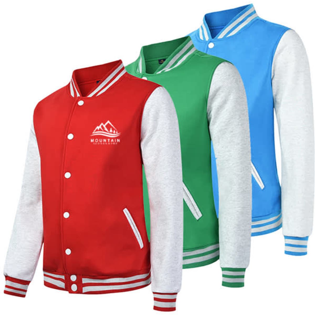 A set of three baseball uniform fleece jackets in red, green, and blue, with white sleeves and a logo on the front.