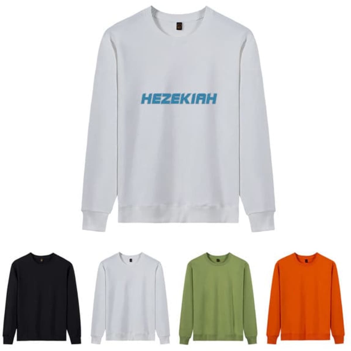 A cotton crewneck sweatshirt in white, with additional options in black, green, and orange. It features a logo.