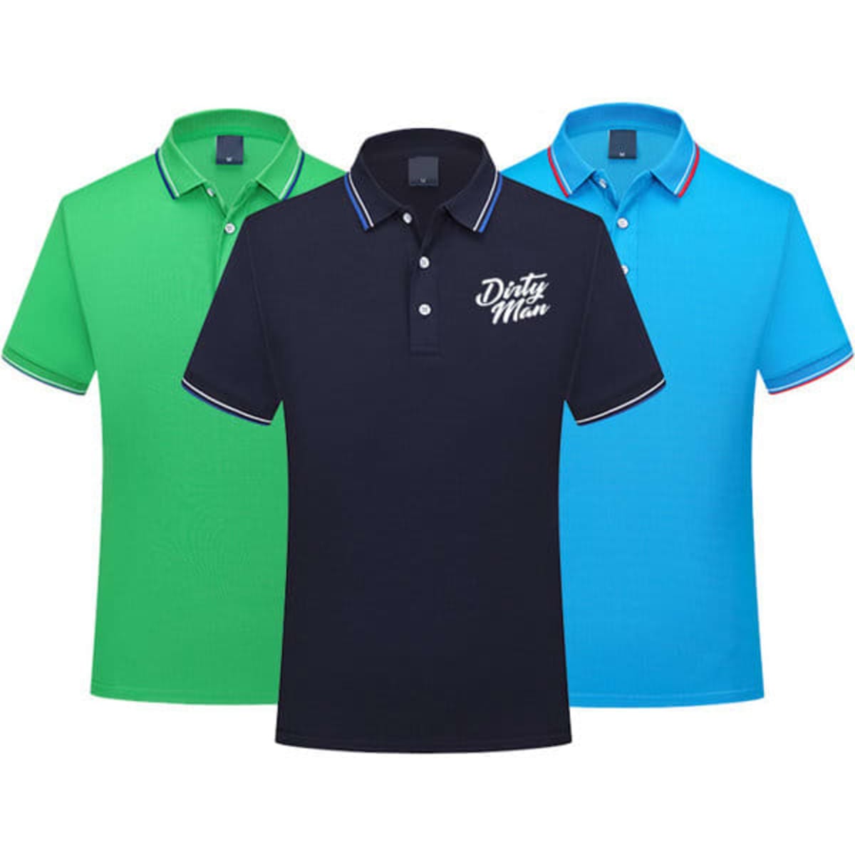 Three custom polo shirts in green, navy blue with a logo, and light blue, featuring contrasting collar details.