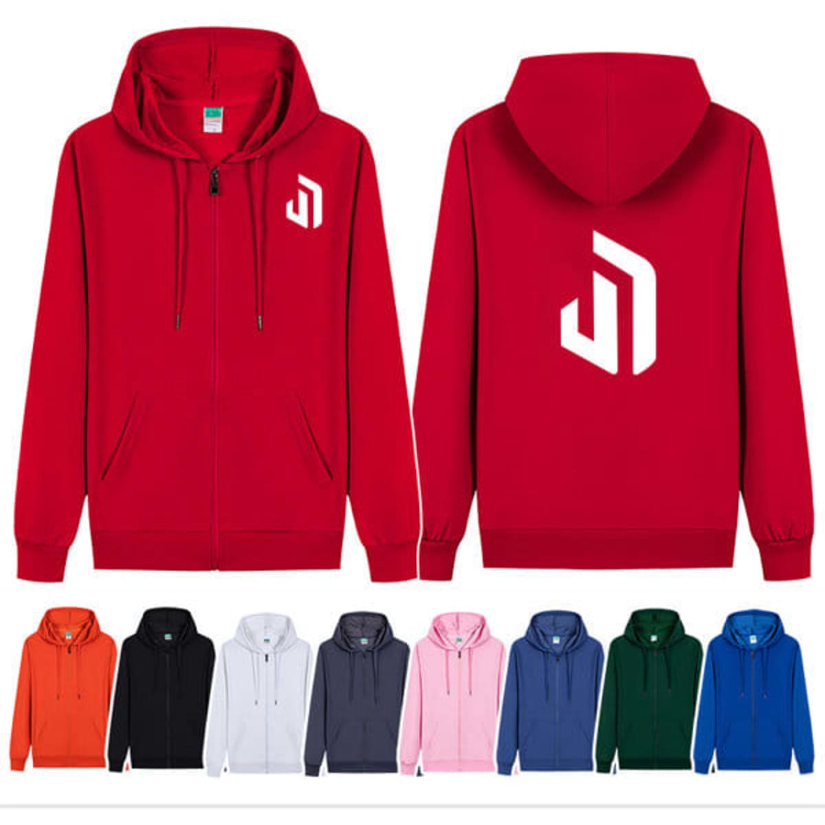A red zip-up hoodie jacket with a logo, available in various colours including black, grey, and blue.